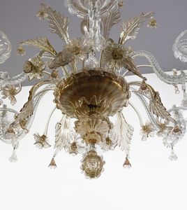 MANIFATTURA VENEZIANA DEL XX SECOLO : Lampadario in vetro di Murano trasparente, bracci mossi e decorazioni floreali e fitomorfe  - Asta Asta 449 | ARTE ANTICA E DEL XIX SECOLO Virtuale - Associazione Nazionale - Case d'Asta italiane