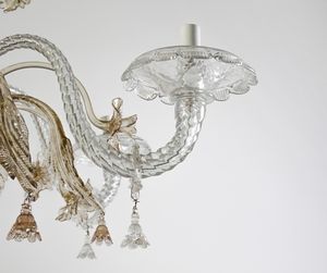 MANIFATTURA VENEZIANA DEL XX SECOLO : Lampadario in vetro di Murano trasparente, bracci mossi e decorazioni floreali e fitomorfe  - Asta Asta 449 | ARTE ANTICA E DEL XIX SECOLO Virtuale - Associazione Nazionale - Case d'Asta italiane