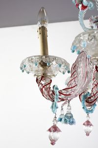 MANIFATTURA VENEZIANA DEL XX SECOLO : Lampadario in vetro di Murano incolore e e policromo, arricchito da decorazioni policrome fitomorfe e floreali, bracci mossi  - Asta Asta 449 | ARTE ANTICA E DEL XIX SECOLO Virtuale - Associazione Nazionale - Case d'Asta italiane