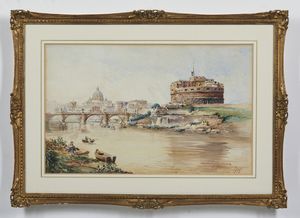 DONADONI STEFANO (1844 - 1911) : Il Tevere a Castel Sant'Angelo, la Basilica di San Pietro sullo sfondo  - Asta Asta 449 | ARTE ANTICA E DEL XIX SECOLO Virtuale - Associazione Nazionale - Case d'Asta italiane