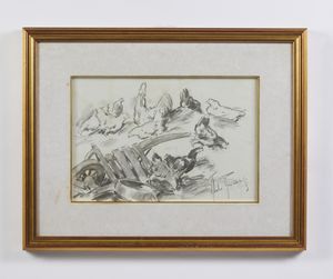 RAIMONDI ALDO (1902 - 1998) : Gruppo di tre disegni raffiguranti veduta del Moulin Rouge, paesaggio con cavallo e carretti, paesaggio con galli e galline  - Asta Asta 449 | ARTE ANTICA E DEL XIX SECOLO Virtuale - Associazione Nazionale - Case d'Asta italiane