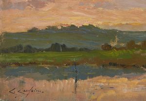 CRESSINI CARLO (1864 - 1938) : Paesaggio lagunare al tramonto  - Asta Asta 449 | ARTE ANTICA E DEL XIX SECOLO Virtuale - Associazione Nazionale - Case d'Asta italiane