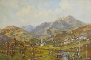 GIGNOUS LORENZO (1862 - 1958) - Paesaggio montano con case e personaggi