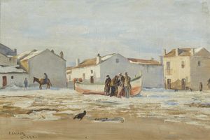 GALANTE  FRANCESCO (1884 - 1972) - Spiaggia con imbarcazione e personaggi