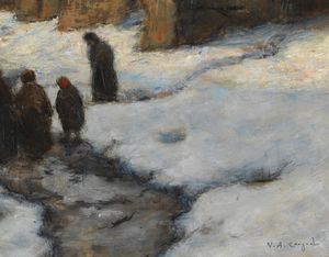 CARGNEL VITTORE ANTONIO (1872 - 1931) : Paesaggio innevato con personaggi  - Asta Asta 449 | ARTE ANTICA E DEL XIX SECOLO Virtuale - Associazione Nazionale - Case d'Asta italiane