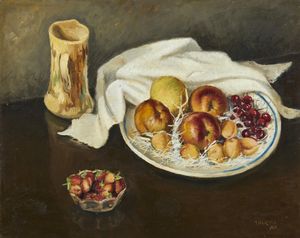 SALIETTI  ALBERTO (1892 - 1961) - Natura morta con pesche, albicocche, uva, fragole e brocca