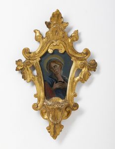 MANIFATTURA DEL XVIII-XIX SECOLO : Coppia di piccole acquasantiere in legno intagliato e dorato con parte centrale dipinta con San Francesco Da Paola e con la Vergine  - Asta Asta 449 | ARTE ANTICA E DEL XIX SECOLO Virtuale - Associazione Nazionale - Case d'Asta italiane