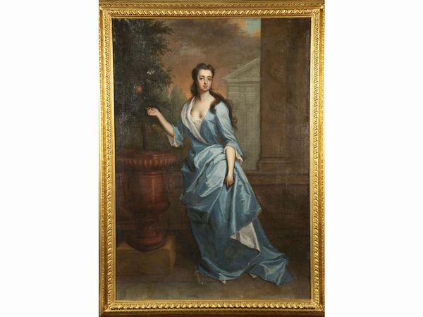 Cerchia di Jonathan Richardson (1667-1745) : Ritratto di dama in abito blu  - Asta Casa Lazzi - parte prima Arredi, dipinti, vetri di Murano, curiosit - Associazione Nazionale - Case d'Asta italiane