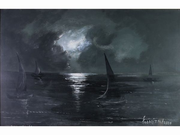 Paesaggio marino al chiar di luna con barche a vela  - Asta Casa Lazzi - parte prima Arredi, dipinti, vetri di Murano, curiosit - Associazione Nazionale - Case d'Asta italiane