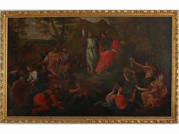 Seguace di Nicolas Poussin, XVIII/XIX secolo : Mos fa scaturire l'acqua dalla roccia  - Asta Casa Lazzi - parte prima Arredi, dipinti, vetri di Murano, curiosit - Associazione Nazionale - Case d'Asta italiane