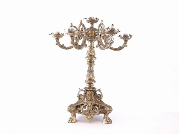 Candelabro in ottone  - Asta Casa Lazzi - parte prima Arredi, dipinti, vetri di Murano, curiosit - Associazione Nazionale - Case d'Asta italiane