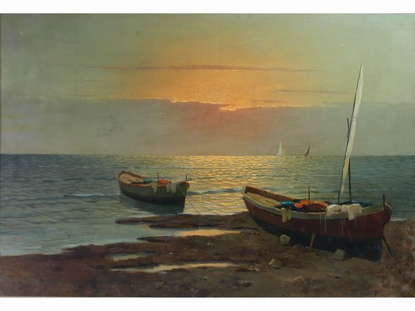 Marina con barche al tramonto  - Asta Casa Lazzi - parte prima Arredi, dipinti, vetri di Murano, curiosit - Associazione Nazionale - Case d'Asta italiane