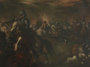 Cerchia di Francesco Graziani, detto Ciccio Napoletano : Scena di battaglia  - Asta Casa Lazzi - parte prima Arredi, dipinti, vetri di Murano, curiosit - Associazione Nazionale - Case d'Asta italiane