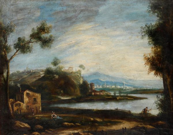 Bartolomeo Pedon, Attribuito a : Paesaggio fluviale con pescatori e contadini  - Asta Dipinti Antichi - Associazione Nazionale - Case d'Asta italiane