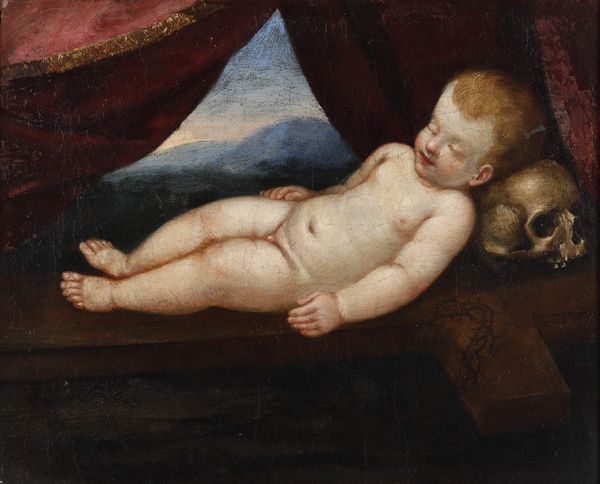 Luigi Miradori detto il Genovesino, Ambito di : Vanitas con Ges Bambino dormiente  - Asta Dipinti Antichi - Associazione Nazionale - Case d'Asta italiane