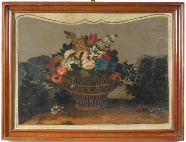 Scuola del XIX secolo Natura morta con cesto di fiori  - Asta Dipinti Antichi - Associazione Nazionale - Case d'Asta italiane