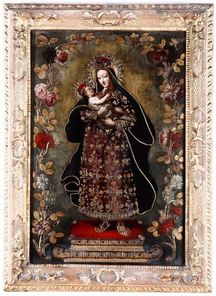 Scuola spagnola del XVII-XVIII secolo Madonna con Bambino entro ghirlanda di fiori  - Asta Dipinti Antichi - Associazione Nazionale - Case d'Asta italiane