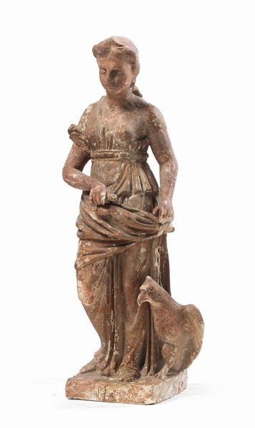 Ignoto scultore del XIX secolo : Figura femminile panneggiata con aquila ai piedi  - Asta Importanti Arredi, Maioliche, Sculture e Dipinti Antichi - Associazione Nazionale - Case d'Asta italiane