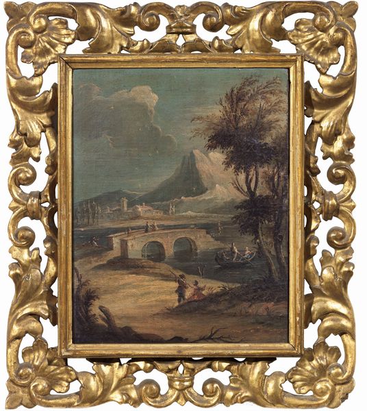 Ignoto del XVIII secolo : Paesaggio con ponte rotto  - Asta Importanti Arredi, Maioliche, Sculture e Dipinti Antichi - Associazione Nazionale - Case d'Asta italiane