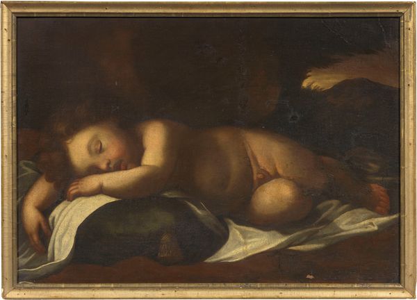 Scuola emiliana del XVII secolo : Amorino dormiente  - Asta Importanti Arredi, Maioliche, Sculture e Dipinti Antichi - Associazione Nazionale - Case d'Asta italiane