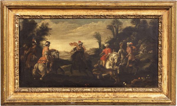 Scuola veneta fine XVII secolo : Scena di caccia al leone in costume alla turca e Scena di caccia allo struzzo in costume alla turca  - Asta Importanti Arredi, Maioliche, Sculture e Dipinti Antichi - Associazione Nazionale - Case d'Asta italiane