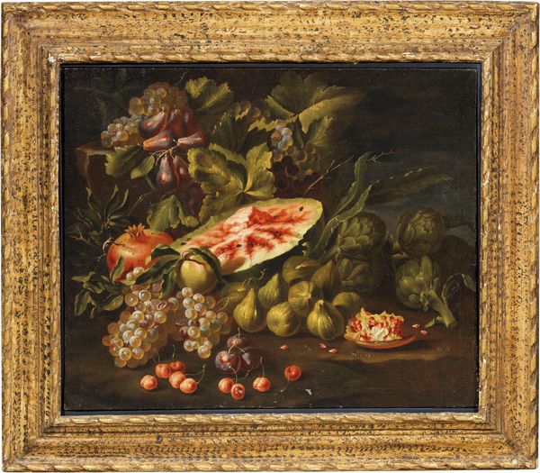 SCUOLA ROMANA DEL XVII SECOLO : Natura morta con cocomero, fiori e carciofi  - Asta Importanti Arredi, Maioliche, Sculture e Dipinti Antichi - Associazione Nazionale - Case d'Asta italiane