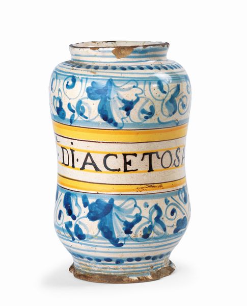 Albarello in maiolica policroma bianco, blu, giallo e manganese  - Asta Importanti Arredi, Maioliche, Sculture e Dipinti Antichi - Associazione Nazionale - Case d'Asta italiane