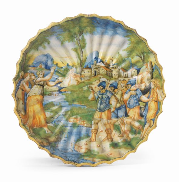 Crespina umbonata istoriata in maiolica policroma  - Asta Importanti Arredi, Maioliche, Sculture e Dipinti Antichi - Associazione Nazionale - Case d'Asta italiane