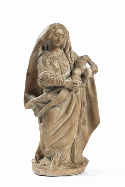 Ignoto scultore scuola franco-fiamminga del XVI secolo : Madonna col Bambino  - Asta Importanti Arredi, Maioliche, Sculture e Dipinti Antichi - Associazione Nazionale - Case d'Asta italiane