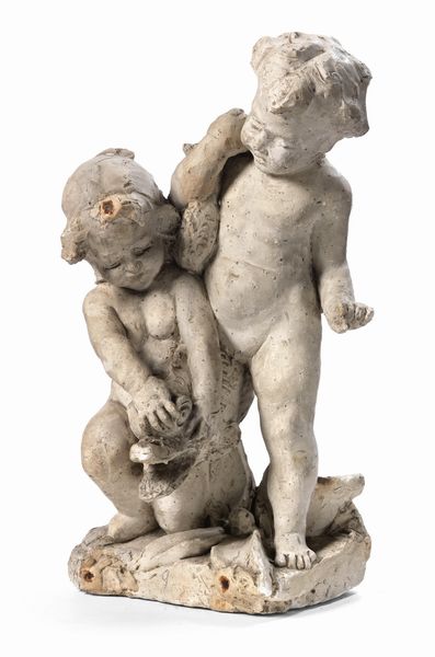 Ignoto scultore fine XIX secolo : Due putti su un delfino  - Asta Importanti Arredi, Maioliche, Sculture e Dipinti Antichi - Associazione Nazionale - Case d'Asta italiane