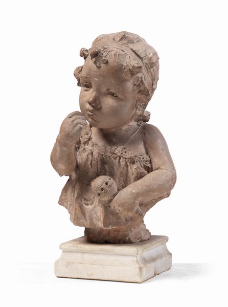 Ignoto scultore fine XIX secolo : Busto di bambino con sonaglio  - Asta Importanti Arredi, Maioliche, Sculture e Dipinti Antichi - Associazione Nazionale - Case d'Asta italiane