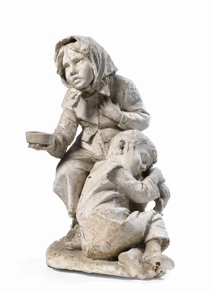 Ignoto scultore scuola napoletana fine XIX secolo : Una bambina chiede l'elemosina mentre il fratellino dorme  - Asta Dipinti e Sculture del XIX e XX secolo - Associazione Nazionale - Case d'Asta italiane