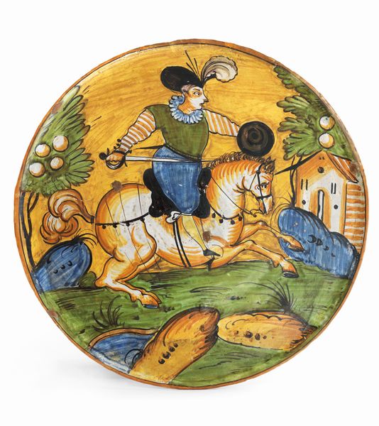 Due grandi piatti in maiolica policroma ocra gialla, verde e blu  - Asta Dipinti e Sculture del XIX e XX secolo - Associazione Nazionale - Case d'Asta italiane