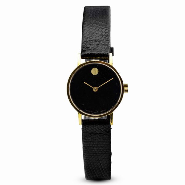 MOVADO : Movado Zenith Museum lady in oro 18k carica manuale Zenith, quadrante nero secondi centrali, cinturino in pelle, 24 mm, 1970 circa  - Asta Watches - Associazione Nazionale - Case d'Asta italiane