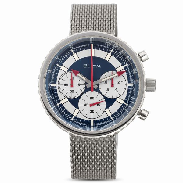 Bulova : Chronograph Oversize tre contatori con bracciale in acciaio maglia mesh integrato con scatola, 46 mm  - Asta Watches - Associazione Nazionale - Case d'Asta italiane