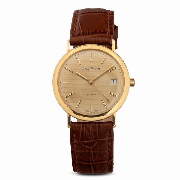 PHILIP WATCH : Automatic con datario in oro giallo 18k, quadrante champagne con indici applicati, 35 mm  - Asta Watches - Associazione Nazionale - Case d'Asta italiane