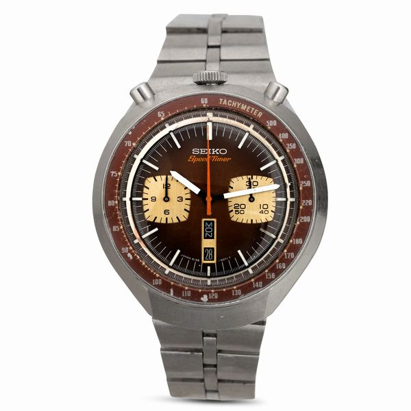 SEIKO : Bull Head cronografo in acciaio due contatori, quadrante marrone degrad con indicazione di giorno e data a ore sei, 46x44 mm  - Asta Watches - Associazione Nazionale - Case d'Asta italiane