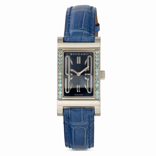 bulgari : Rettangolo in acciaio con pietre turchesi incastonate, movimento al quarzo, quadrante blu Soleil, 31x21  - Asta Watches - Associazione Nazionale - Case d'Asta italiane