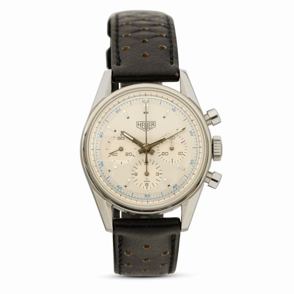 HEUER : Carrera cronografo carica manuale tre contatori in acciaio, tasti a pompa, quadrante Argent con indici applicati, 35 mm  - Asta Watches - Associazione Nazionale - Case d'Asta italiane