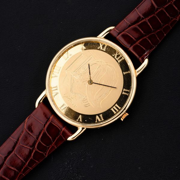 Marta Marzotto : Orologio commemorativo per Guttuso in oro giallo 18k, movimento al quarzo, numeri Romani, 41 mm  - Asta Watches - Associazione Nazionale - Case d'Asta italiane