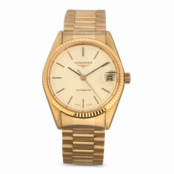 LONGINES : Automatic in oro giallo 18k con datario, quadrante champagne e bracciale President, 32 mm  - Asta Watches - Associazione Nazionale - Case d'Asta italiane