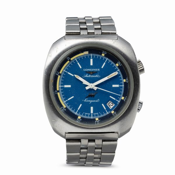 LONGINES : Conquest Automatic in acciaio forma tonneau, quadrante blu elettrico e doppia corona, 40x38 mm  - Asta Watches - Associazione Nazionale - Case d'Asta italiane