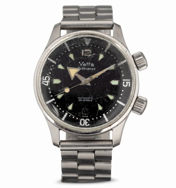 Velta : Subacqueo in acciaio doppia corona movimento automatico, quadrante nero opaco con indici applicati, 36 mm  - Asta Watches - Associazione Nazionale - Case d'Asta italiane