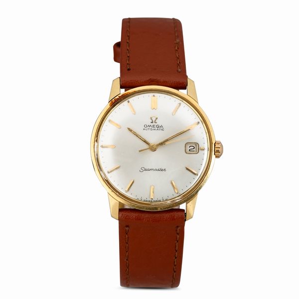 OMEGA : Seamaster Automatic in oro giallo 18k cassa con fondo a vite, quadrante Argent indici applicati con datario, 34 mm  - Asta Watches - Associazione Nazionale - Case d'Asta italiane