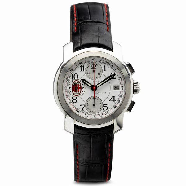 Baume & Mercier : Baume & Mercier - A.C. Milan, serie limitata 64/100 per la vittoria de campionato, stagione 2003/2004, in acciaio con quadrante bianco e 3 contatori, stemma del Milan alle ore 9, cinturino in pelle, 34 mm  - Asta Watches - Associazione Nazionale - Case d'Asta italiane