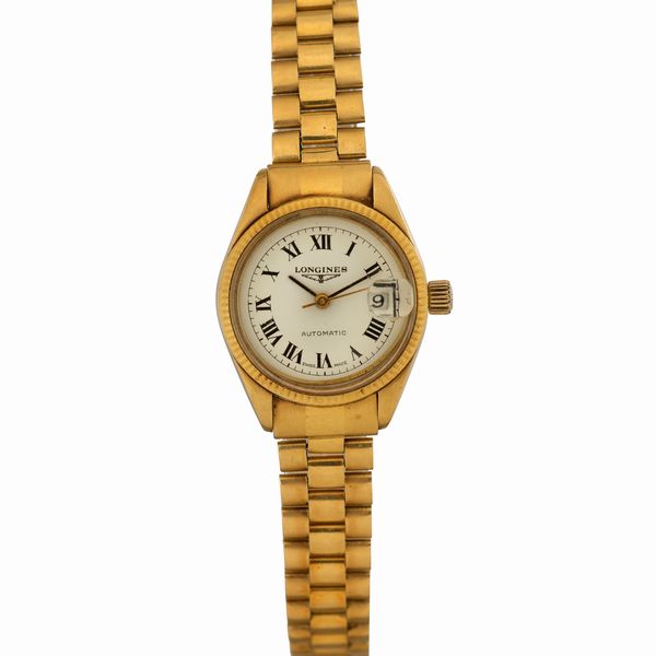 LONGINES : Orologio lady in oro giallo 18k automatico, quadrante bianco numeri Romani, 24 mm  - Asta Watches - Associazione Nazionale - Case d'Asta italiane