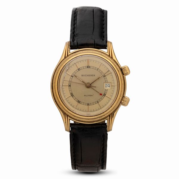 BUCHERER : Svegliarino Alarm laminato automatico con datario, quadrante champagne bitonale, 37 mm  - Asta Watches - Associazione Nazionale - Case d'Asta italiane