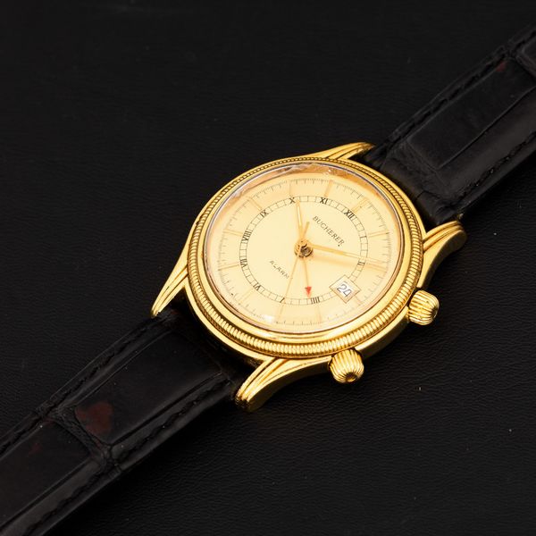 BUCHERER : Svegliarino Alarm laminato automatico con datario, quadrante champagne bitonale, 37 mm  - Asta Watches - Associazione Nazionale - Case d'Asta italiane