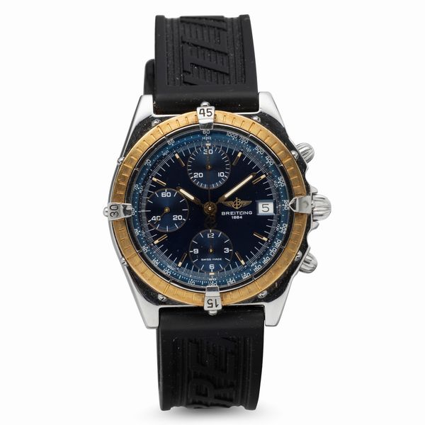 Breitling : Chronomat in acciaio con ghiera girevole in oro, quadrante blu soleil, movimento automatico e cinturino in gomma, 39 mm  - Asta Watches - Associazione Nazionale - Case d'Asta italiane