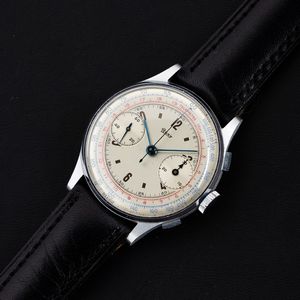 Roxy : Cronografo due contatori tasti quadri carica manuale, quadrante argent con scale tachimetrica, 38 mm  - Asta Watches - Associazione Nazionale - Case d'Asta italiane